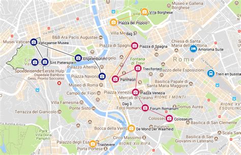 Kaart van Rome met verschillende zelfgeleide wandelroutes gemarkeerd, inclusief iconen voor bezienswaardigheden.