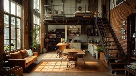 Interieur van een loft met een mix van moderne en klassieke designelementen, met uitzicht op een gerestaureerde fabriek.