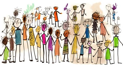 Illustratie van een moderne groepsaccommodatie omringd door groen, met een grote groep mensen die buiten genieten.