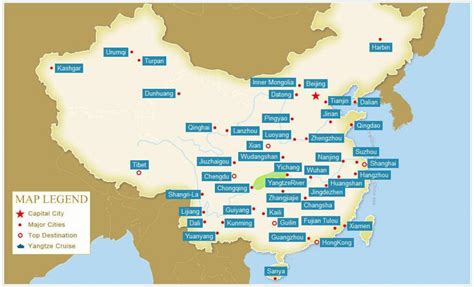 Overzichtskaart van China met belangrijke steden en natuurlijke bezienswaardigheden