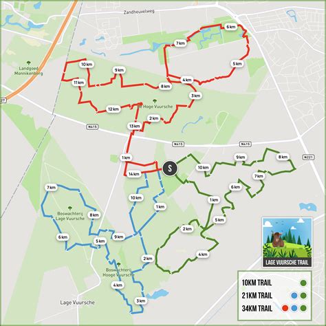 Kaart met de trailrun route, start- en eindpunt bij Tuincentrum Rebel en alternatieve startpunten