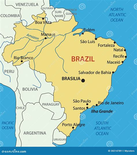 Kaart van Brazilië met de belangrijkste bestemmingen en luchthavens gemarkeerd.