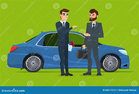 Illustratie van een auto die wordt overhandigd aan een chauffeur bij de vertrekhal van een luchthaven.