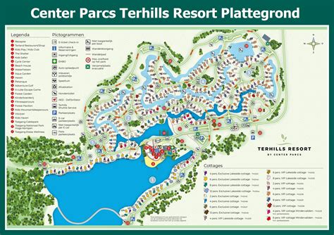 Plattegrond van Center Parcs Terhills Resort met aanduiding van cottages, Aqua Mundo en andere faciliteiten