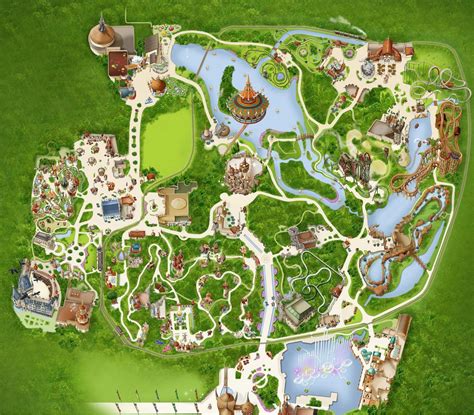 Plattegrond van de Efteling met het Fantasierijk gemarkeerd