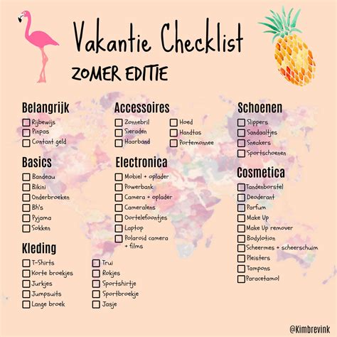 Voorbeeld van een vakantiechecklist met verschillende categorieën