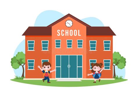 Illustratie van een schoolgebouw met kinderen