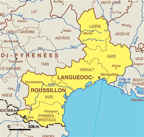 Kaart van de Languedoc-Roussillon regio met belangrijke toeristische locaties