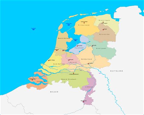 Kaart van Nederland met markeringen van populaire vakantieregio's voor hondenbezitters