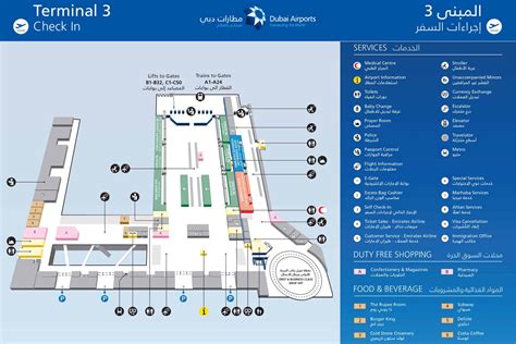 Plattegrond van Dubai International Airport met indicatie van looptijden naar de gates