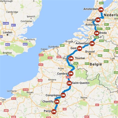 Schema van de Eurostar-route van Amsterdam naar Parijs met vertrek- en aankomsttijden en reistijd.