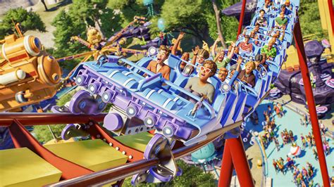Een overzichtskaart van een Planet Coaster park met de plaatsing van beveiligingscamera's en patrouilleroutes van bewakers.