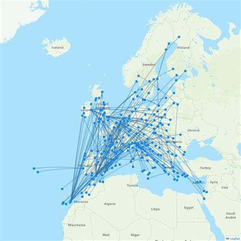 een wereldkaart met routes van Ryanair, met nadruk op routes naar Palermo