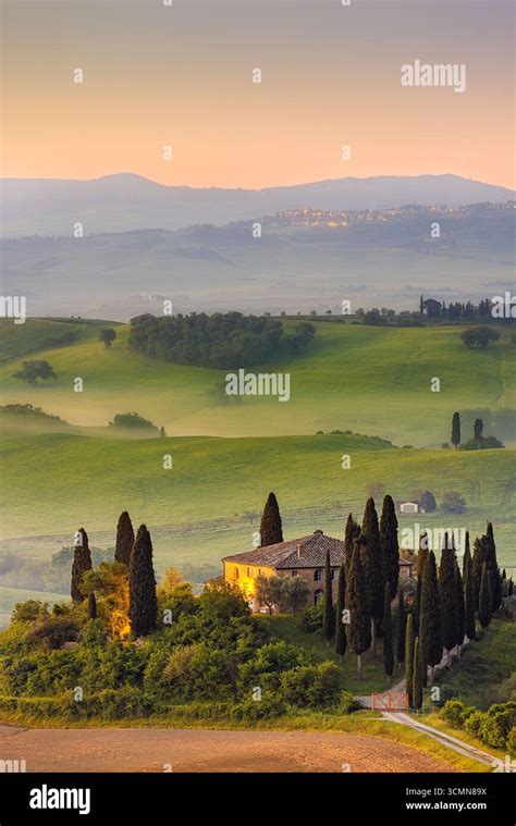 Klassiek Toscaans landschap met cipressen en glooiende heuvels.