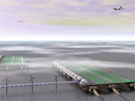 Illustratie van een drijvend vliegveld in de Noordzee