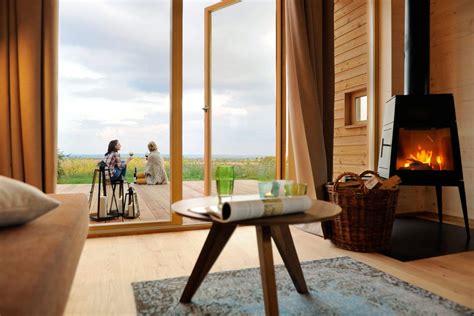 Interieur van een A-frame cabine met open haard en uitzicht op de natuur.