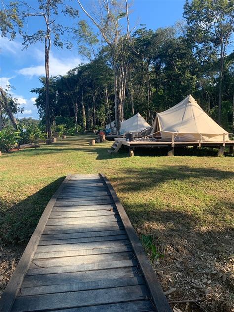 Glamping accommodatie aan de Surinamerivier met weelderige jungle op de achtergrond
