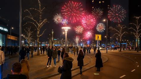 Feestelijke foto van een oudejaarsavond met vuurwerk en mensen die proosten.