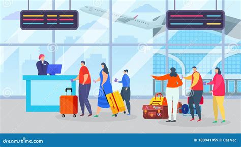 Illustratie van een moderne luchthaven met passagiers die inchecken.