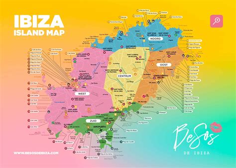 Overzichtskaart van populaire regio's op Ibiza met diverse accommodatietypes