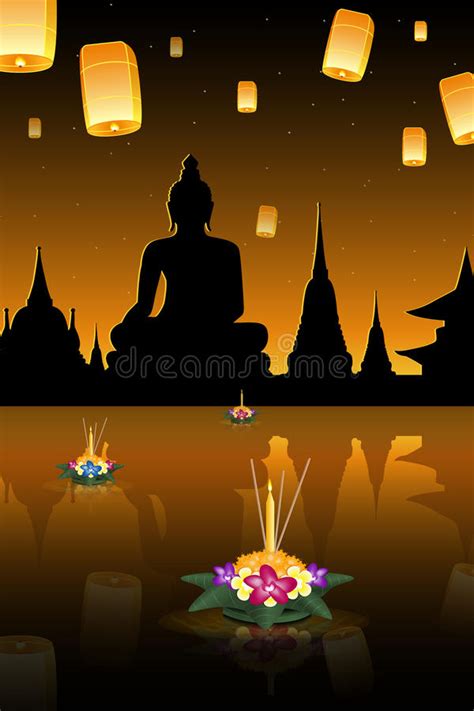 Illustratie van Loy Krathong festival met drijvende krathongs