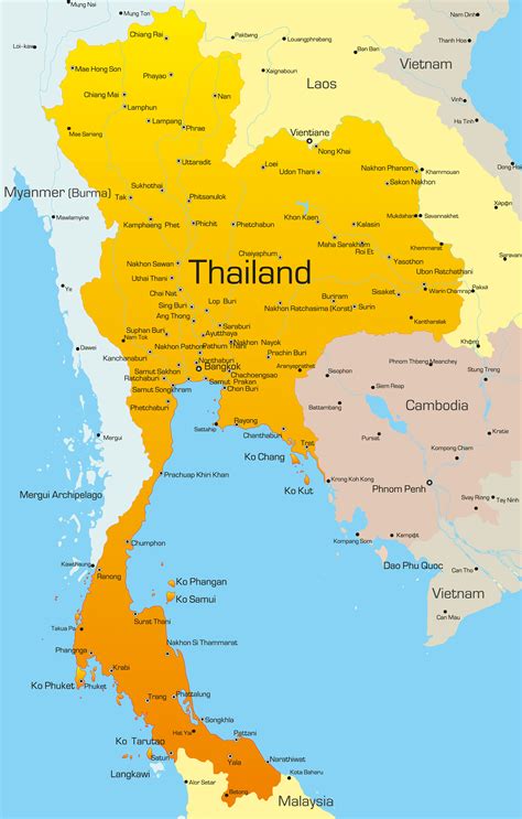 Kaart van Thailand met populaire toeristische bestemmingen gemarkeerd (Bangkok, Chiang Mai, Koh Phangan, Phuket)