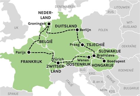 Kaart van Europa met de route Wenen - Bratislava - Boedapest