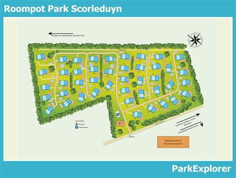 Plattegrond van een Roompot vakantiepark met verschillende accommodaties en faciliteiten.