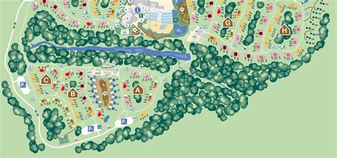 Plattegrond van een Center Parcs park met aanduiding van de Market Dome, Aqua Mundo en cottages