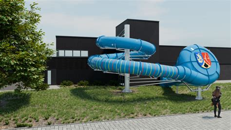 Illustratie van de nieuwe 60 meter lange waterglijbaan met speciale effecten