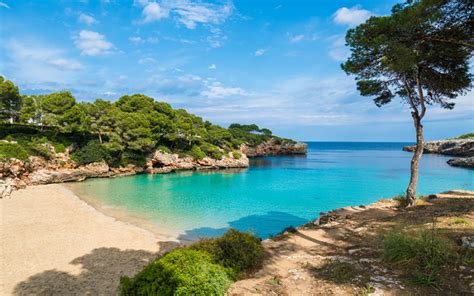 Luchtfoto van een baai op Mallorca met helderblauw water en zandstrand