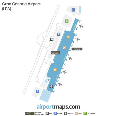Plattegrond van de hoofdterminal van Gran Canaria Airport met aanduiding van de verschillende zones en faciliteiten.