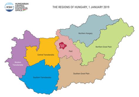 Overzichtskaart van Hongarije met belangrijke toeristische regio's en steden.