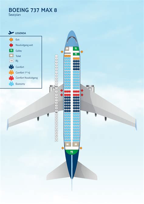 Schematische weergave van de stoelindeling in een Ryanair Boeing 737 MAX, met nadruk op de stoelen bij de nooduitgang.
