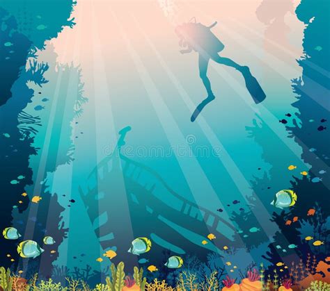 Illustratie van een duiker die koraalrif bekijkt