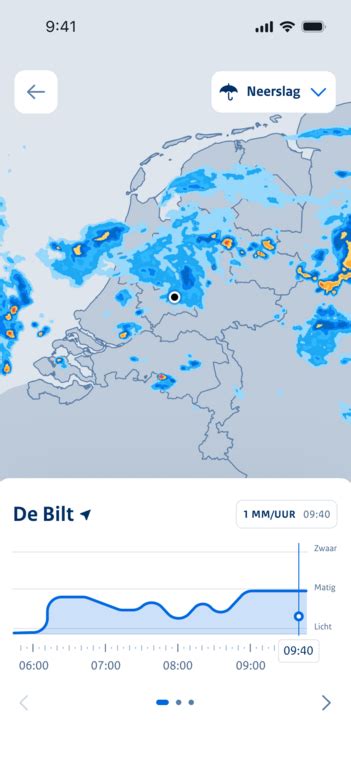 Live beelden van de neerslagradar voor Rotterdam, met indicatie van de intensiteit en richting van de buien.