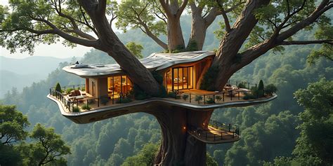 Illustratie van een boomhut met uitzicht op een bosrijke omgeving.