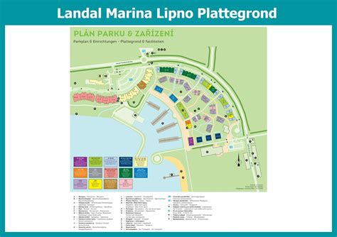 een overzichtskaart van Landal Vakantiepark Marina Lipno met de ligging van de accommodaties en faciliteiten