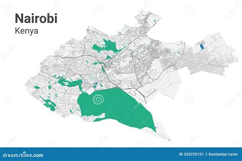 Kaart van Nairobi met de locaties van de luchthavens Jomo Kenyatta International en Wilson.