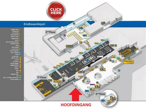 Plattegrond van Eindhoven Airport met winkels, restaurants en lounges