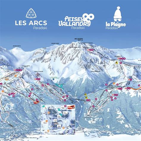 Overzichtskaart van het skigebied Paradiski met Bourg Saint Maurice als centrale toegangspoort.