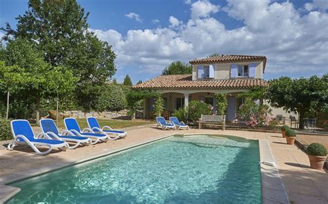 Panoramisch uitzicht op een luxe vakantiehuis met een glinsterend privé zwembad in de Provence, omringd door lavendelvelden en cipressen.