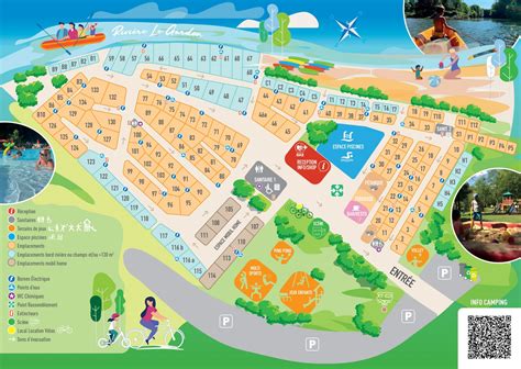 Plattegrond van een camping met verschillende soorten kampeerplaatsen (jaarplaatsen, seizoenplaatsen).