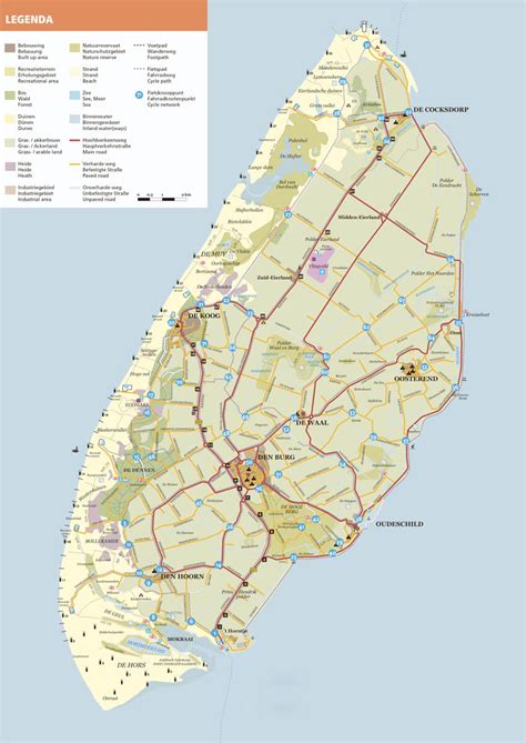 Plattegrond van Texel met aanduiding van verschillende dorpen en bezienswaardigheden.