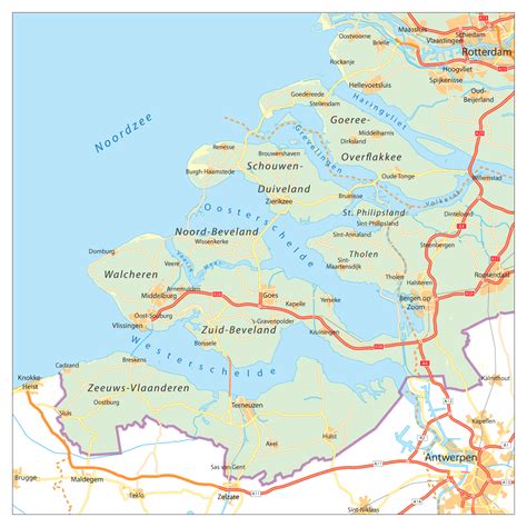 Kaart van Zeeland met de belangrijkste steden en eilanden