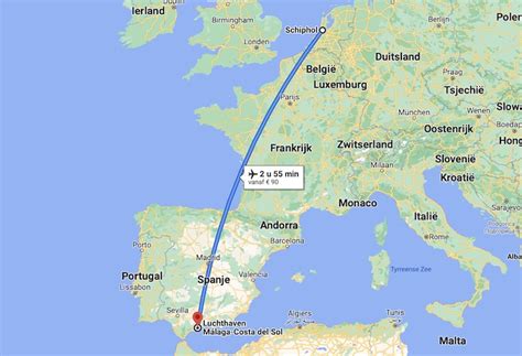 Schematische weergave van de vliegroute tussen Alicante en Schiphol met de afstand in kilometers.