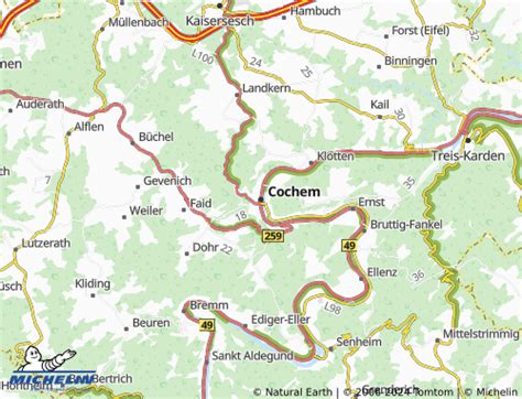 Kaart van Cochem met de locaties van populaire hotels en bezienswaardigheden zoals Cochem Castle.