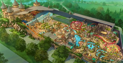 Plattegrond van Bommelwereld, waarop de locatie van attracties, restaurants en faciliteiten is aangegeven.