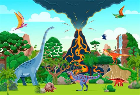 Illustratie van de Dino Splash attractie met dinosaurussen en vulkanen