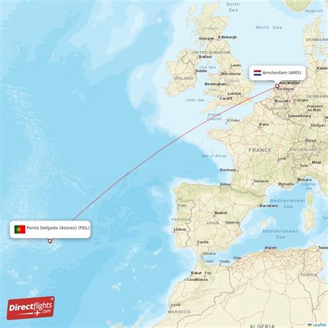 Grafische weergave van de route Amsterdam - Ponta Delgada met Transavia